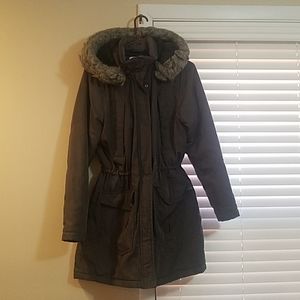 Dark grey parka with fur detail